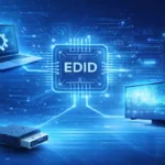 EDID signal management concept showing laptop, LED display, and HDMI connection in blue corporate AV production environment