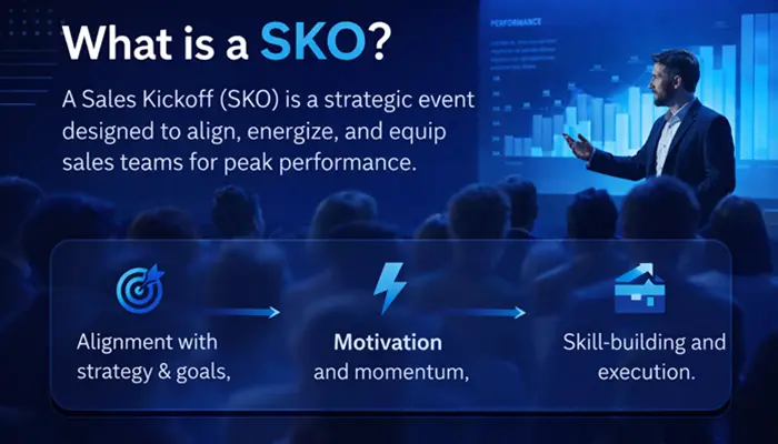 Sales Kickoff (SKO) presentation in a corporate conference setting with blue lighting and performance chart on screen