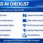 Horizontal blue and white SKO AV checklist banner showing projectors, sound systems, laptops, video conferencing, Wi-Fi, lighting, backup cables, and test rehearsal items for a sales kickoff event.