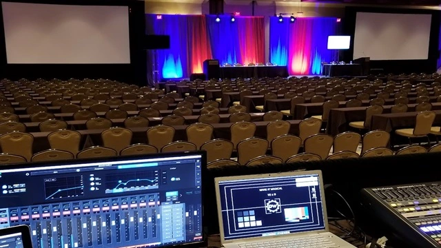 Technical setup for a hybrid enterprise conference case study, showing the 8K LED display infrastructure and isolated clean-power circuits designed to prevent signal handshake failures in a 50,000 sq. ft. ballroom.