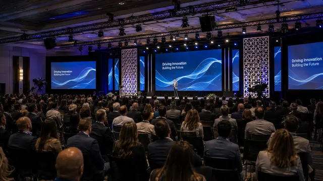 Enterprise corporate event design featuring stage, LED video, lighting, and professional AV production Image Title: