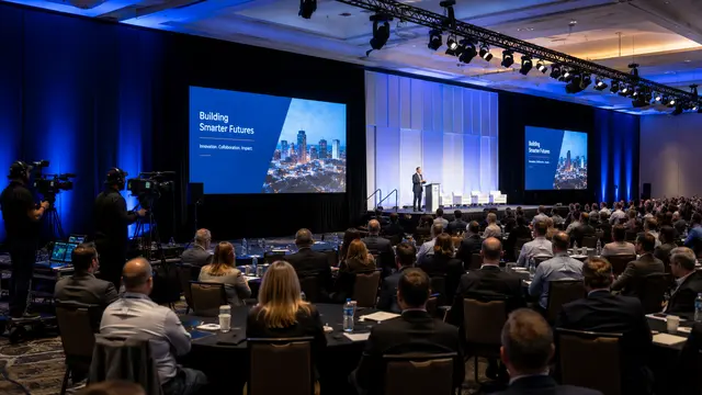 Professional conference room AV setup in San Diego featuring an enterprise corporate conference with LED screens, keynote speaker, stage lighting, audience, and live audiovisual production by Eleven Eleven Audio Visual.