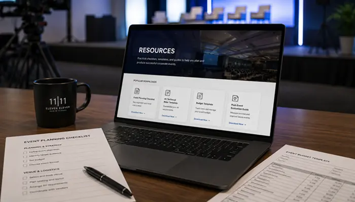 Corporate event resources featuring checklists, templates, and AV planning materials on a laptop in a professional event production setting.