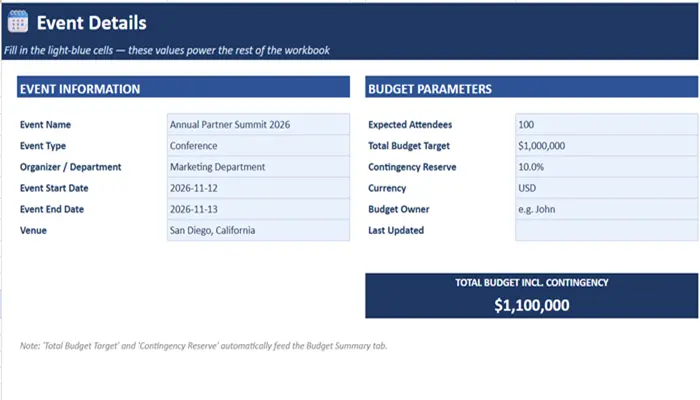Corporate event budget template workbook showing budget summary, detailed costs, vendor payments, and RSVP tracking