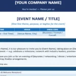 Corporate event email invitation template showing event details, RSVP information, message, and agenda
