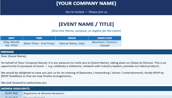 Corporate event email invitation template showing event details, RSVP information, message, and agenda