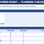 Corporate hybrid event planning checklist covering venue, streaming, AV production, speakers, remote audience engagement, and marketing