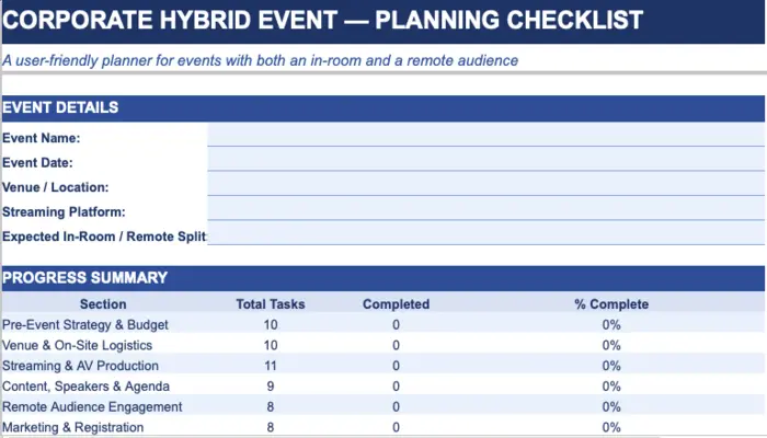 Corporate hybrid event planning checklist covering venue, streaming, AV production, speakers, remote audience engagement, and marketing