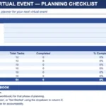 Corporate virtual event planning checklist workbook with event details, progress summary, and 64 planning tasks