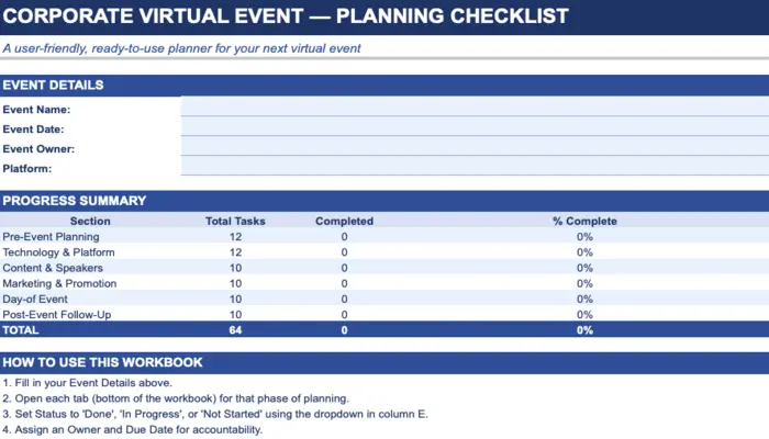 Corporate virtual event planning checklist workbook with event details, progress summary, and 64 planning tasks