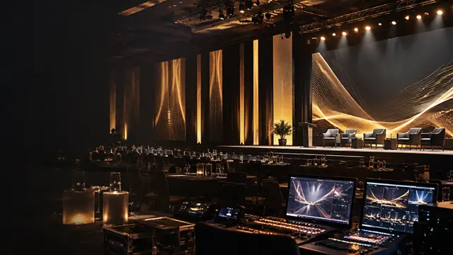 Eleven Eleven Audio Visual event production setup with stage lighting and AV equipment